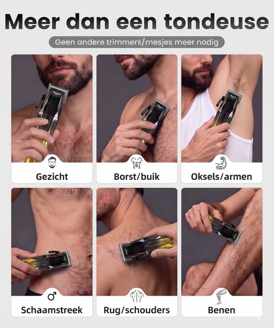 Collage van mannen die de tondeuse gebruiken voor gezicht, borst, buik, oksels, schaamstreek, rug, schouders en benen.