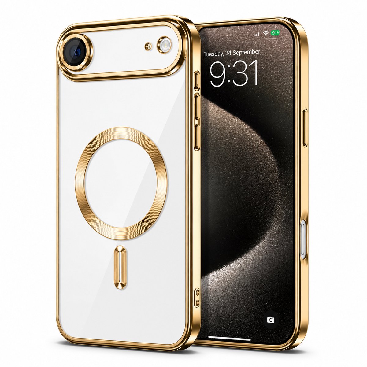 Compatible iPhone 17 Air Hoesje Goud – TG TECHGRIP – MagSafe Compatible Case – Transparant met Gouden Rand – Ingebouwde Camera Glas Protector – 360° Bescherming – Anti-Fingerprint – Luxe Design
