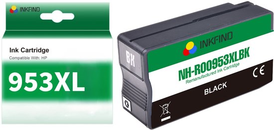 Zwarte INKFIND 953XL "Remanufactured Ink Cartridge". Groen en wit label met "NH-R00953XLBK".