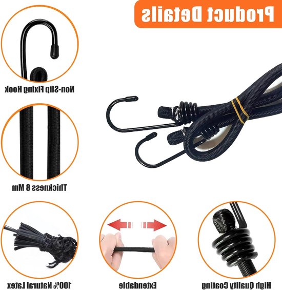 Set van 10 Verstelbare Elastische Bagage Tensioners met Haken - Stretch Rubber Expander Straps voor Tarpaulins, Fietsen en Motoren - Ideaal voor Camping en Autolading (30cm/60cm/100cm) — afbeelding 2