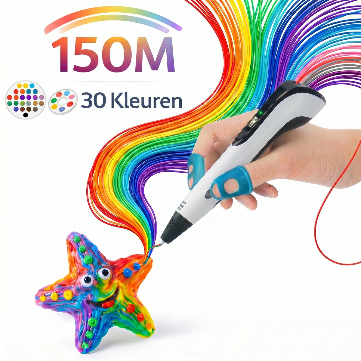 3D Pen Starterspakket XXL - 150m Vullingen in 30 Kleuren - Inclusief 3D Pen Vullingen, Tekenmat, Boek, Houder, Lader USB C,Kinderschaar, Vingercondoom & Opbergcase - Geschikt voor ABS & PLA Filament - Wit