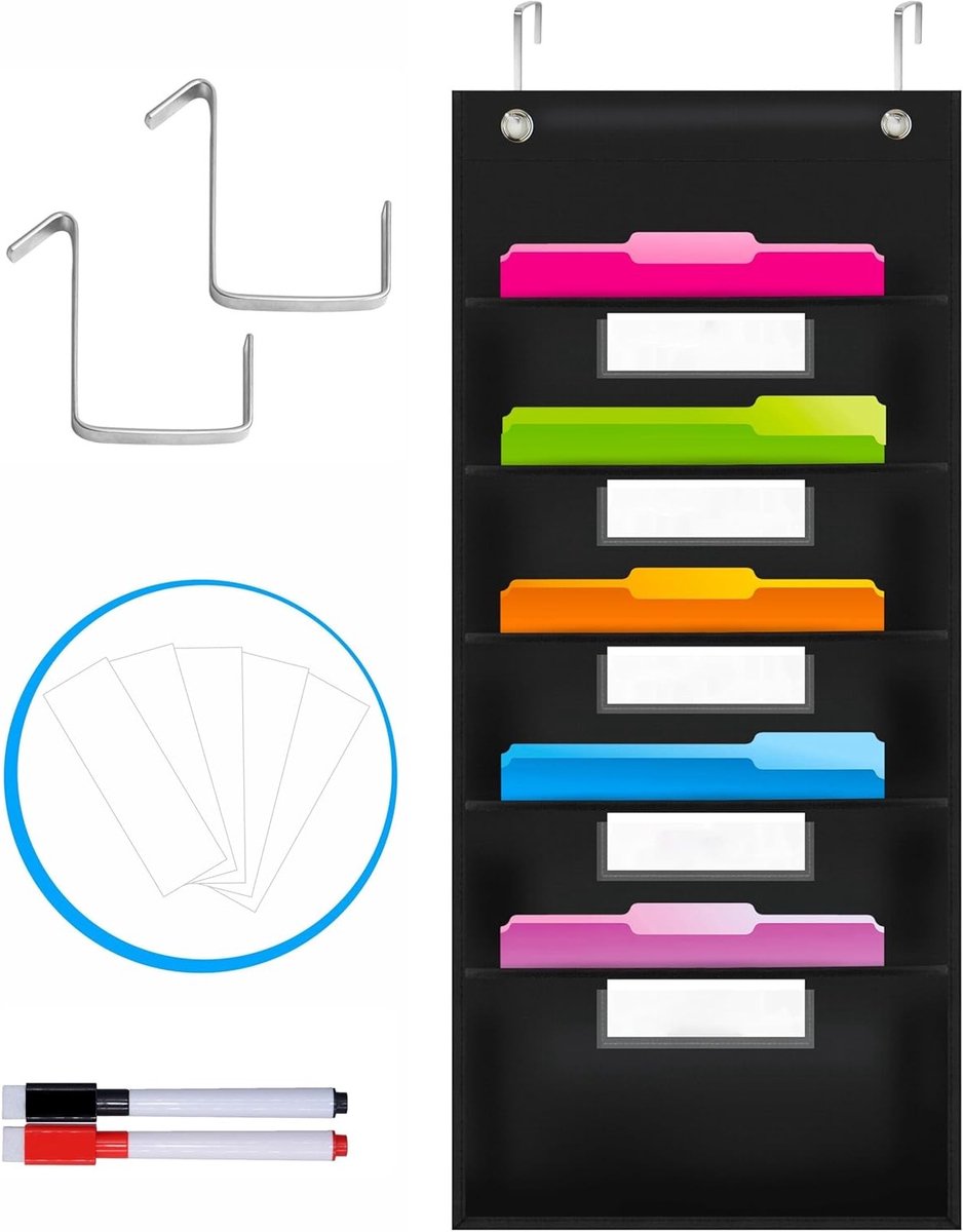 Organisatie Pocket Chart voor Muur, Bestanden Organizer met 5 Vakken, Drooguitwisbare Naamkaarten en 2 Deurklemmen, 14 x 28 Inch voor Thuis en Kantoor