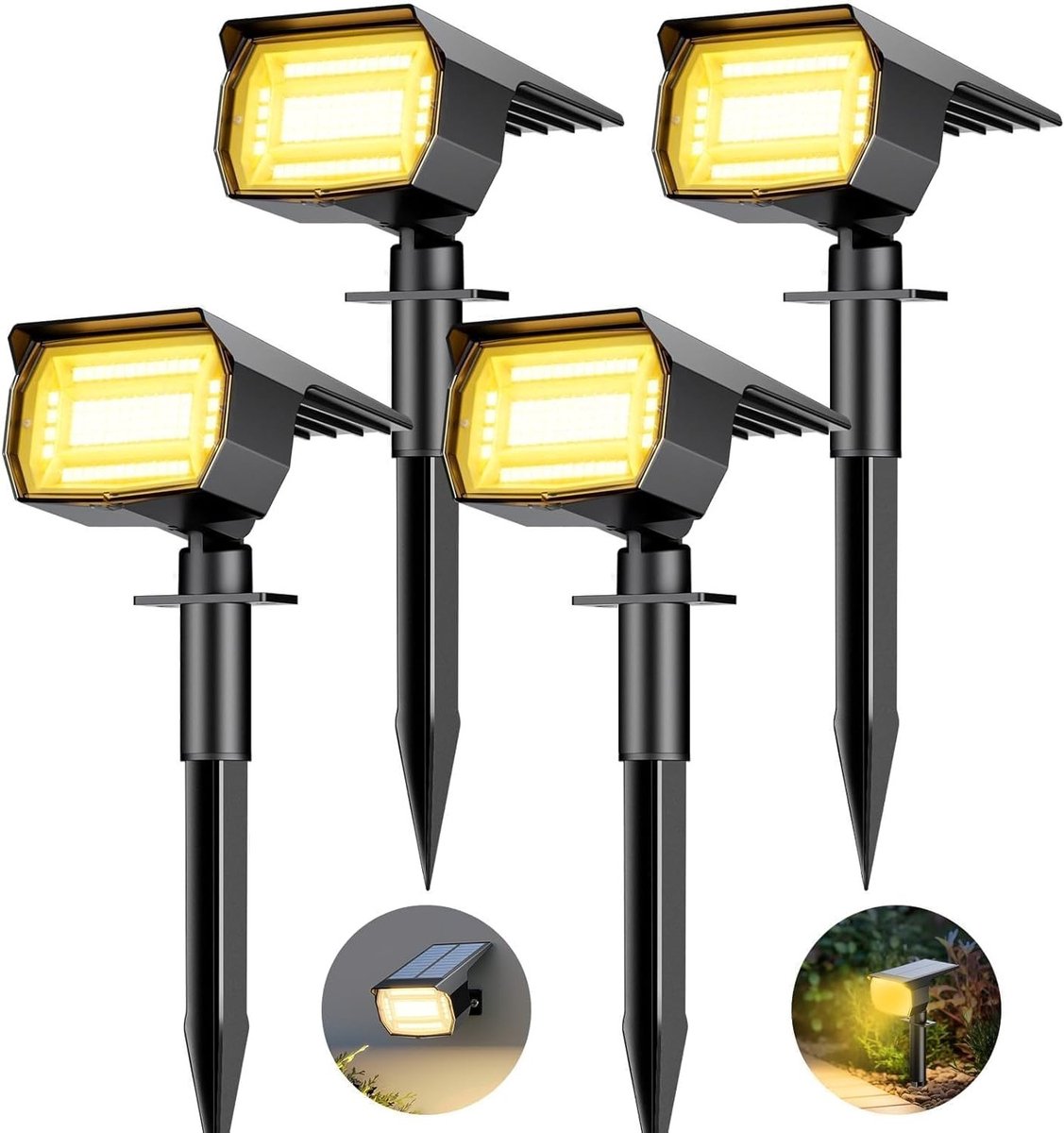 Set van 4 Solar Spotlights voor Buiten - 72 LED Tuinverlichting, Waterdicht IP65, Ideaal voor Oprit, Patio en Bomen met Warm Wit Licht