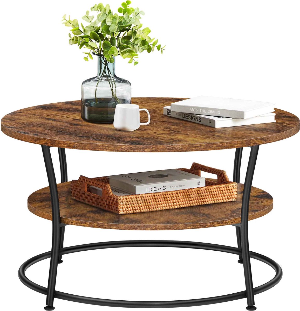 C. , R. E. CORE Ronde Salontafel - 2 Laags bijzettafel - Koffietafel - Woonkamertafel - Industrieel ontwerp - 80x46.5cm - Donker bruin & Zwart Donker bruin en zwart