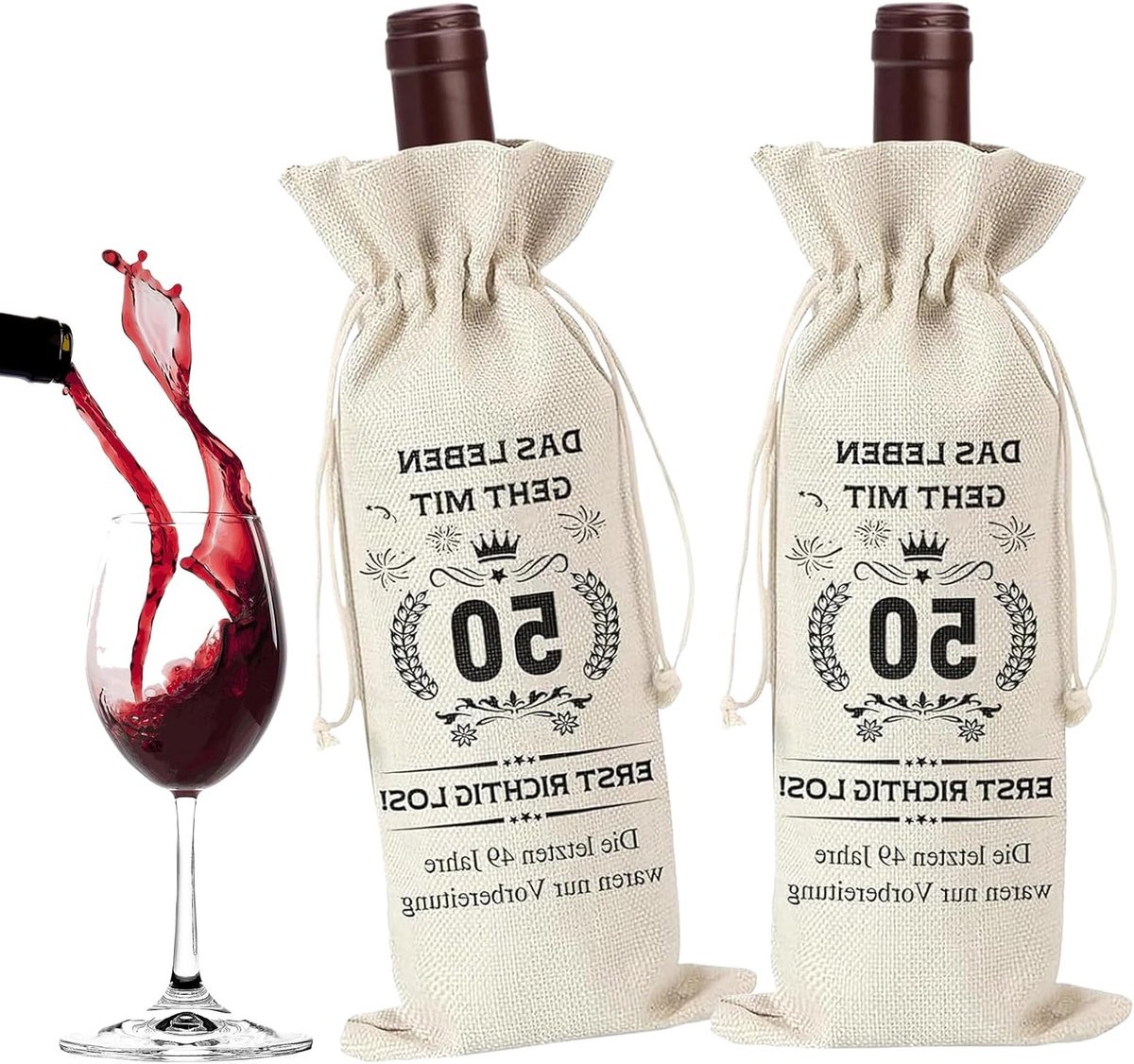Jute Wijnfles Tas Set van 2 Herbruikbare Cadeautassen met Trekkoord voor Verjaardagen en Feestjes