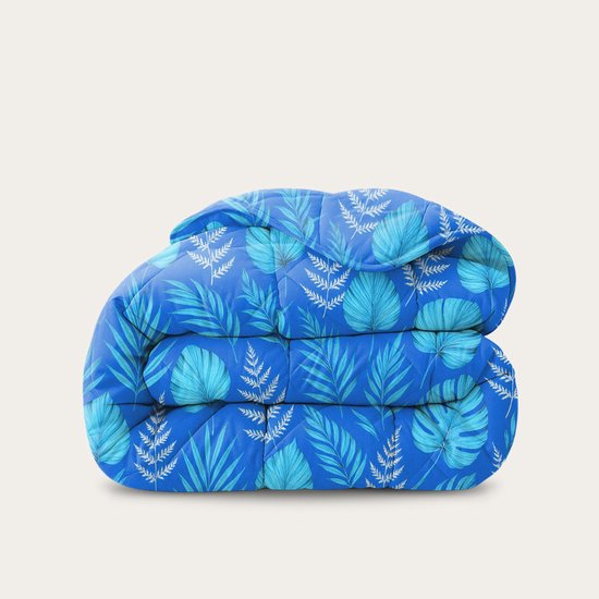 HappyBed Dekbed zonder overtrek 140x220 - Bedrukt dekbed zonder hoes - Hoesloos Dekbed met Print - Wasbaar All Year - Eenpersoonsdekbed - Blue leaves