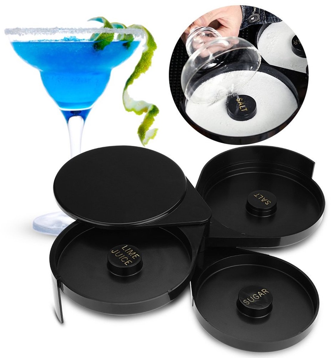 Allecto - Margarita Salt Rimmer - Cocktail Tool - Zwart - Bar Rimmer - Perfect voor feestjes - 3-staps tray voor zout en suiker