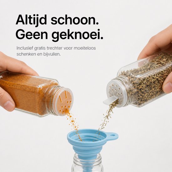 Deux mains remplissent des bocaux d'épices à l'aide d'un entonnoir bleu. Un bocal contient des épices orange, l'autre des herbes séchées vertes.