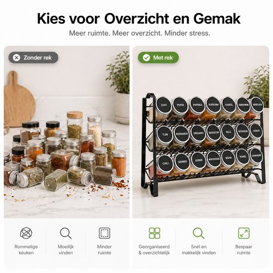 Comparaison d'une cuisine désordonnée avec des bocaux d'épices en vrac et une étagère à épices noire organisée à 3 niveaux, remplie de bocaux.