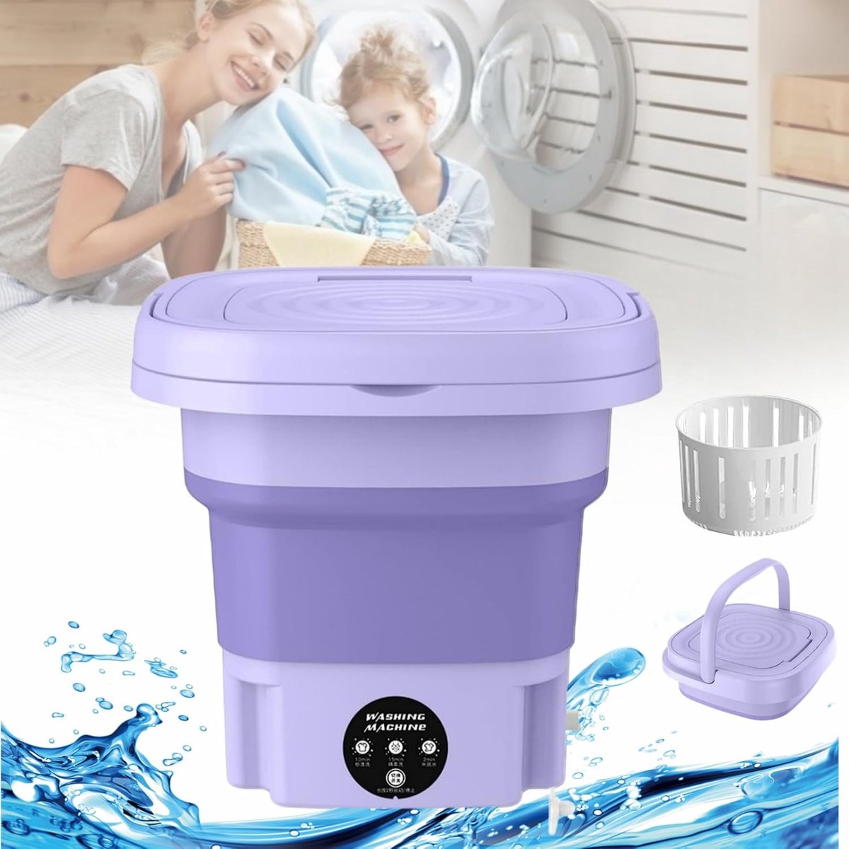Draagbare wasmachine voor appartementen, opvouwbare mini-wasmachine (8 l) met timer (3 standen), trilgolftechnologie en afdruipmand; compacte wasmachine voor babykleding, handdoeken, ondergoed of kleine artikelen – paars