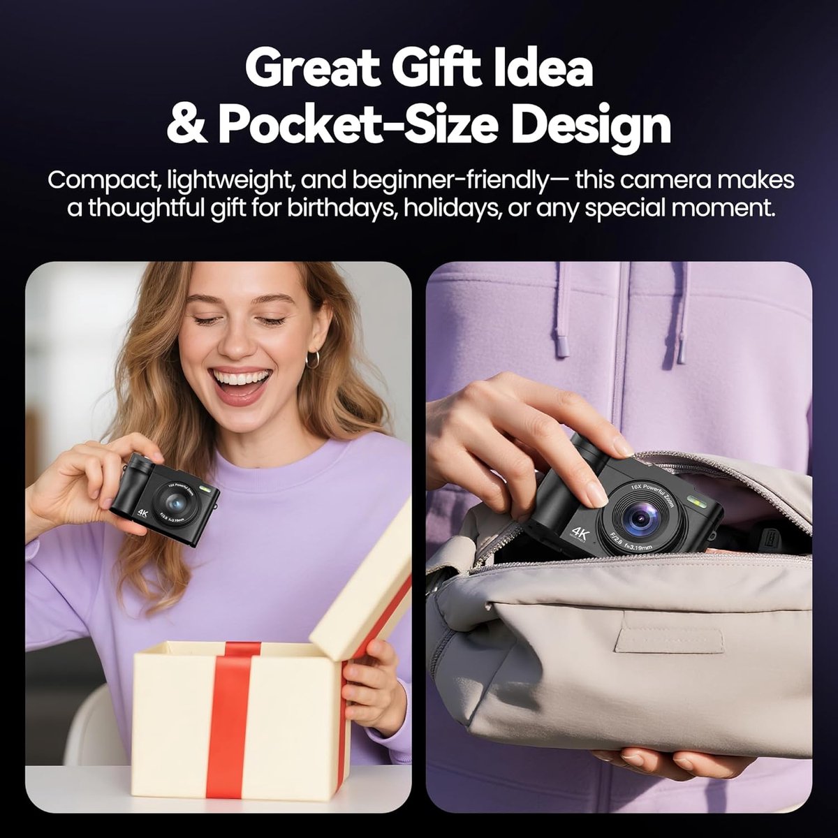 Fiona Digitale camera 4K voor fotografie vlogging: 48MP camera's voor video - 16x zoom fotocamera geschenken voor tieners van 8-16 jaar thumbnail 2