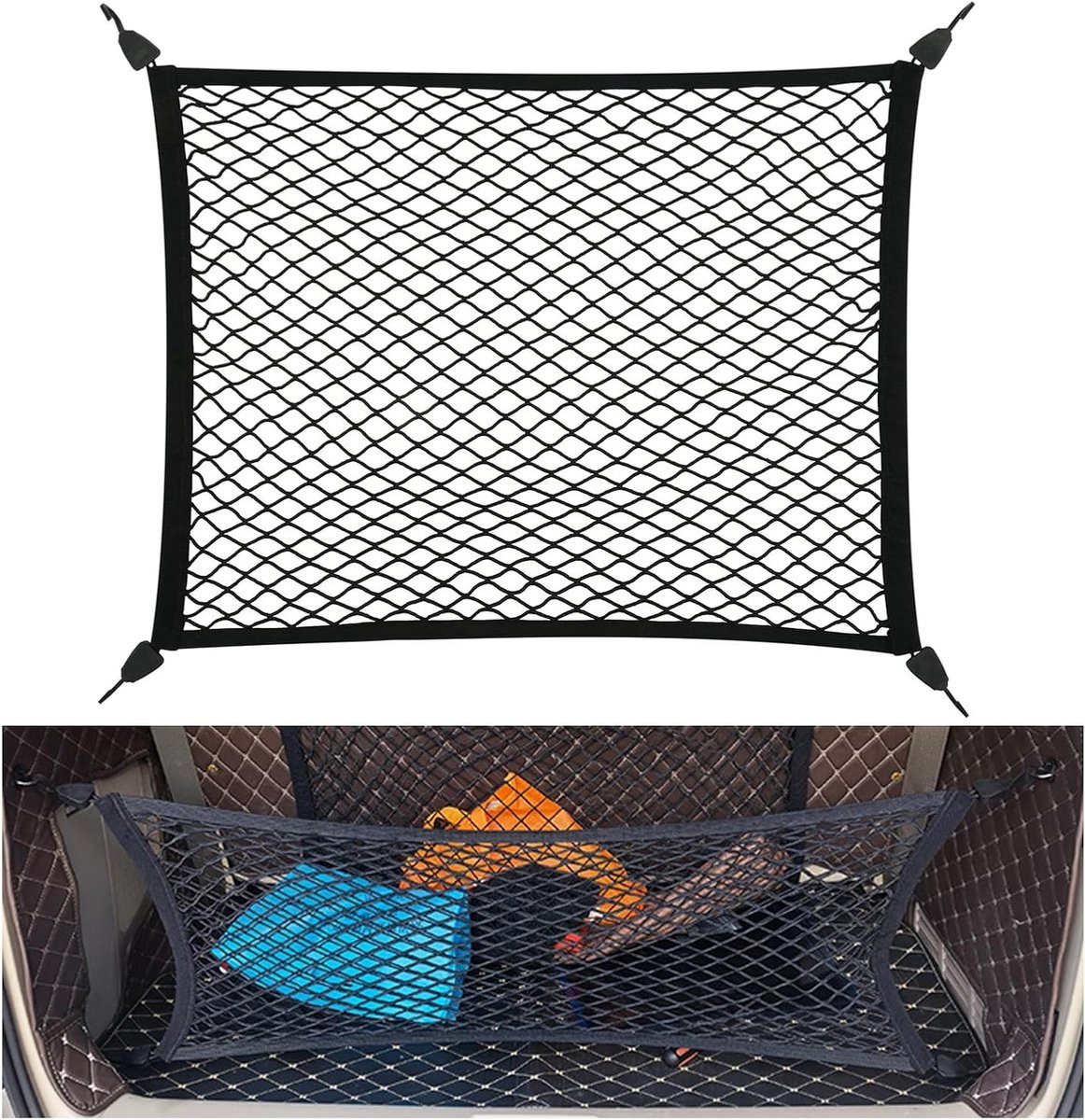 Luggage Net voor Auto, 80 x 60 cm (uitgerold 200 x 110 cm), Ideaal voor Kofferbakopslag, Met 4 ABS Haken en Sterke Bevestiging