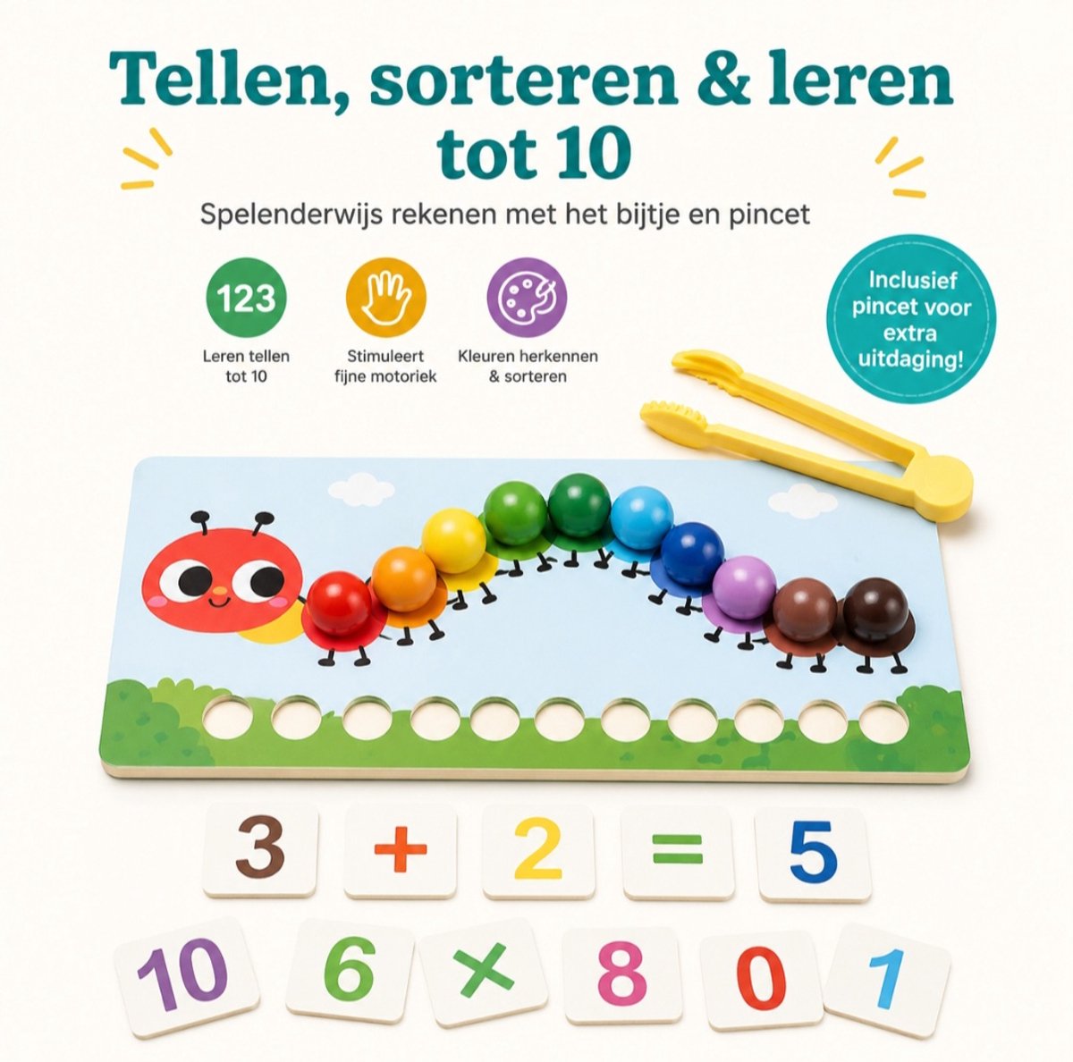 Baby Sonrisa Houten Rekenspel Montessori – Educatief - Telspel met Pincet – Educatief Speelgoed 3 Jaar+ – Kleuren Sorteren & Fijne Motoriek — afbeelding 8