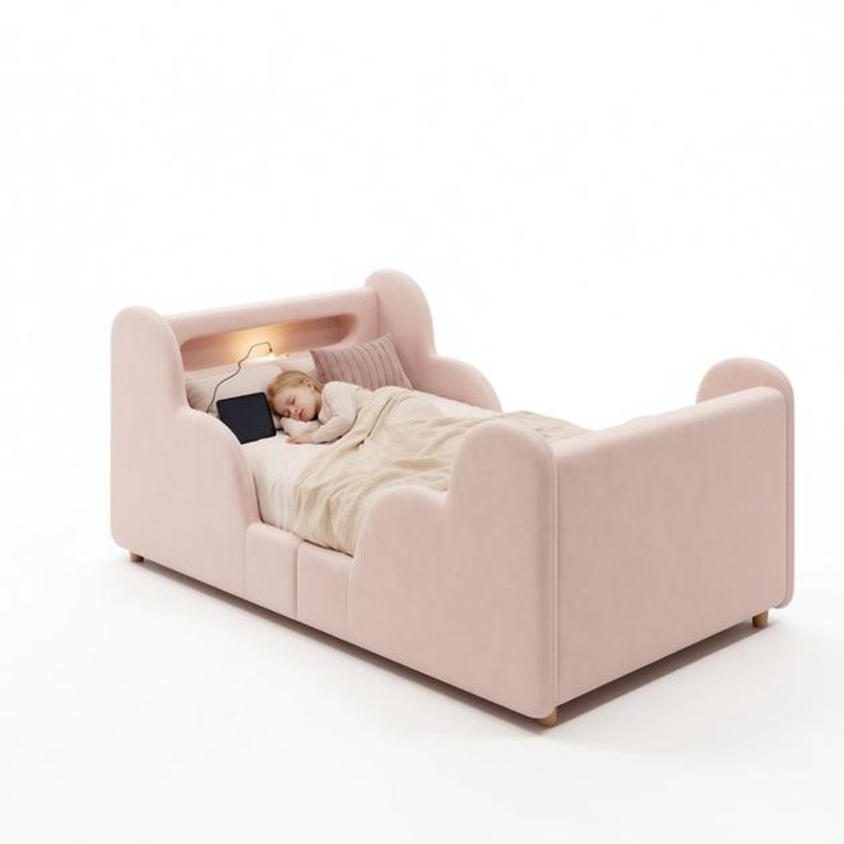 Eenzaambed 90x200 cm met Hoofdbord, Velvet Bekleding, Massief Houten Poten - Roze.