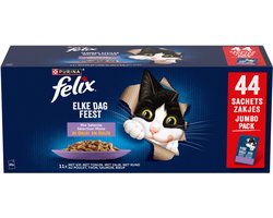 Felix Elke Dag Feest in Gelei Mix Selectie - Kattenvoer Natvoer - Tonijn Zalm Rund & Kip - 44 x 85 g