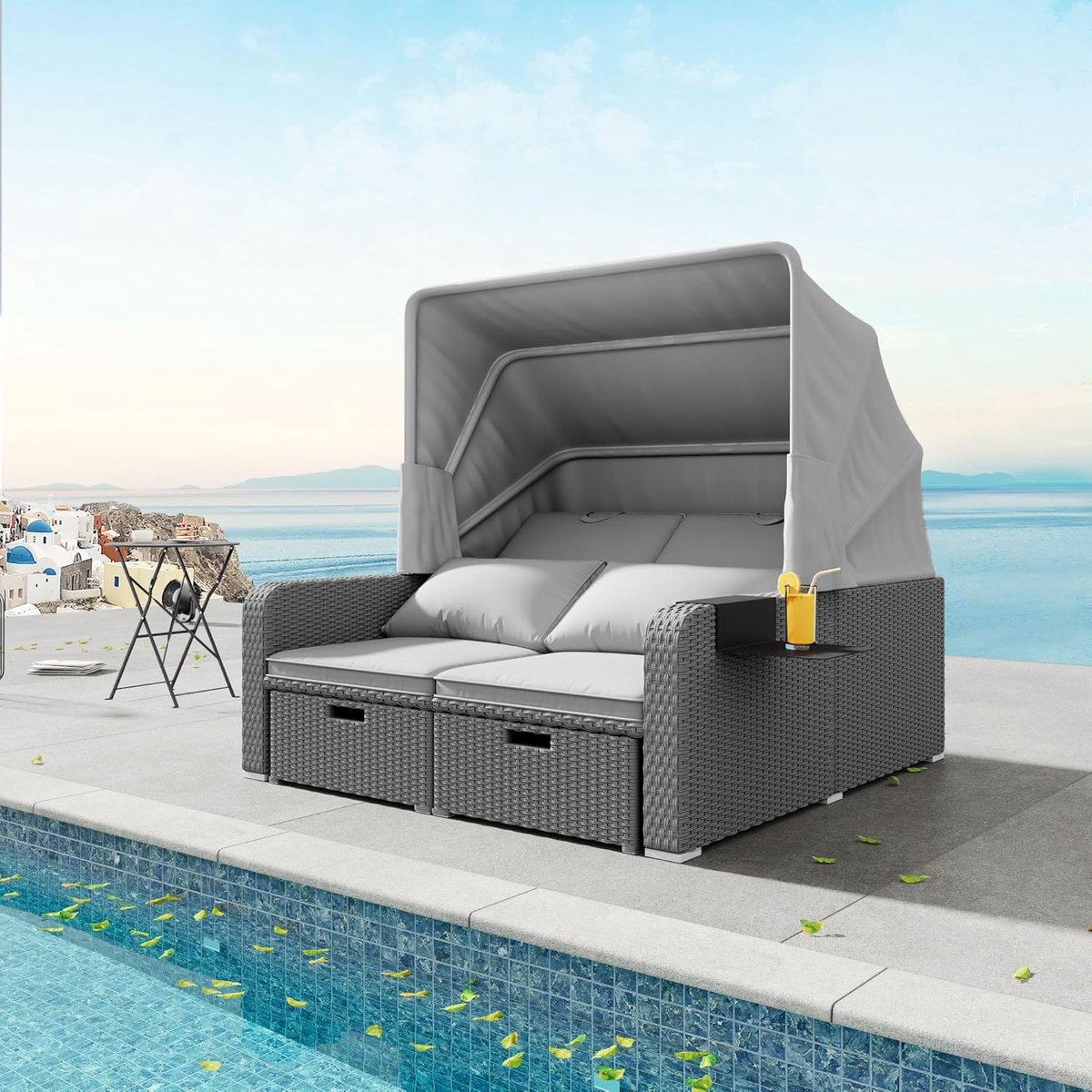 Tuinbank met Luifel 196x130x152 cm Polyrotan Loungesofa & Ligbed voor 2 Personen met Verstelbaar Uitschuifbaar Ligvlak, Inclusief Dikke Kussens en Afneembare Zonwering Grijs – Mobili Bella