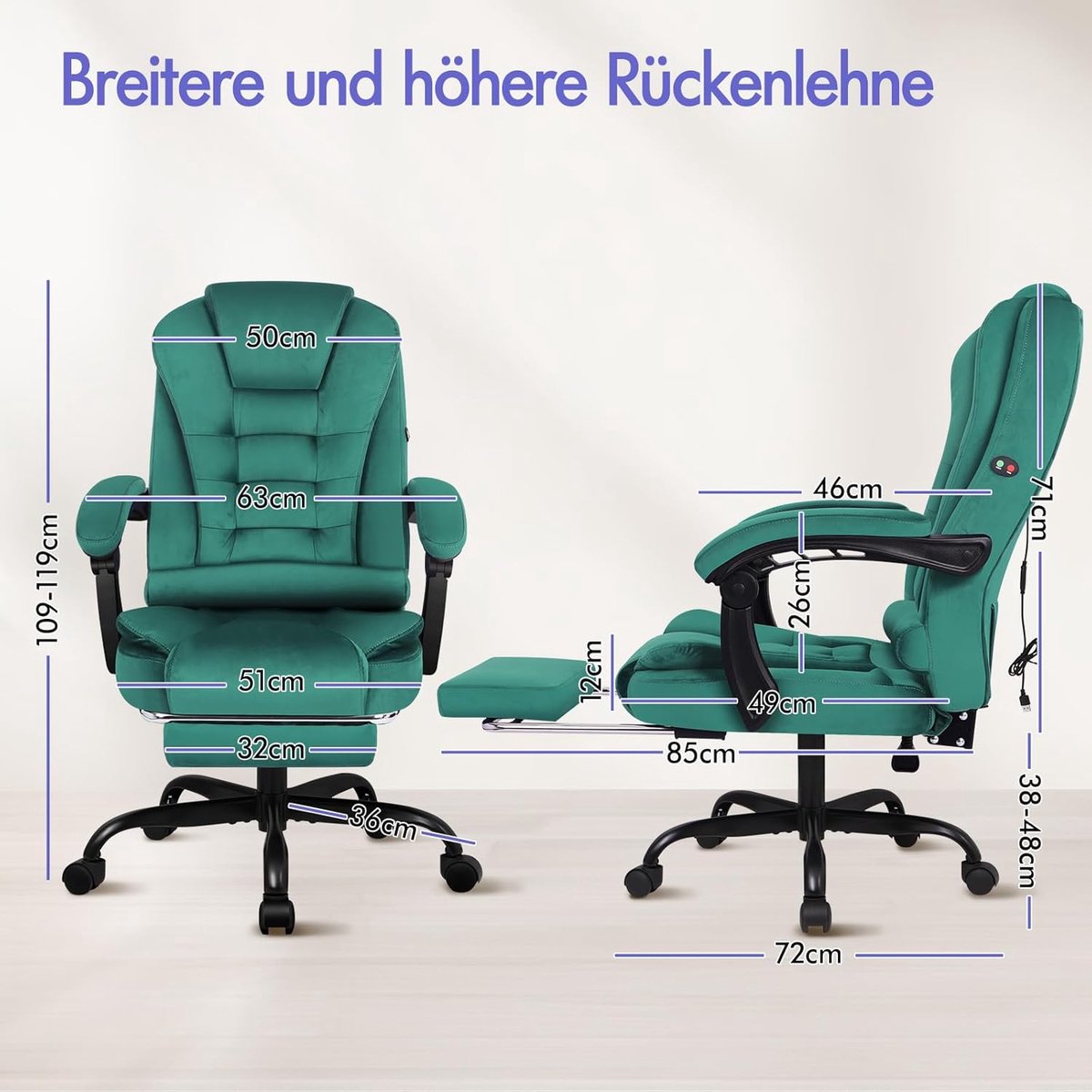 Ergonomische Luxe Directiestoel met Massagefunctie & Voetensteun – House&Garden Verstelbare Bureaustoel met 150° Kanteling, Hoge Rugleuning & 360° Draaifunctie – Computerstoel & Gaming Stoel tot 180 kg – Groen Suède Look