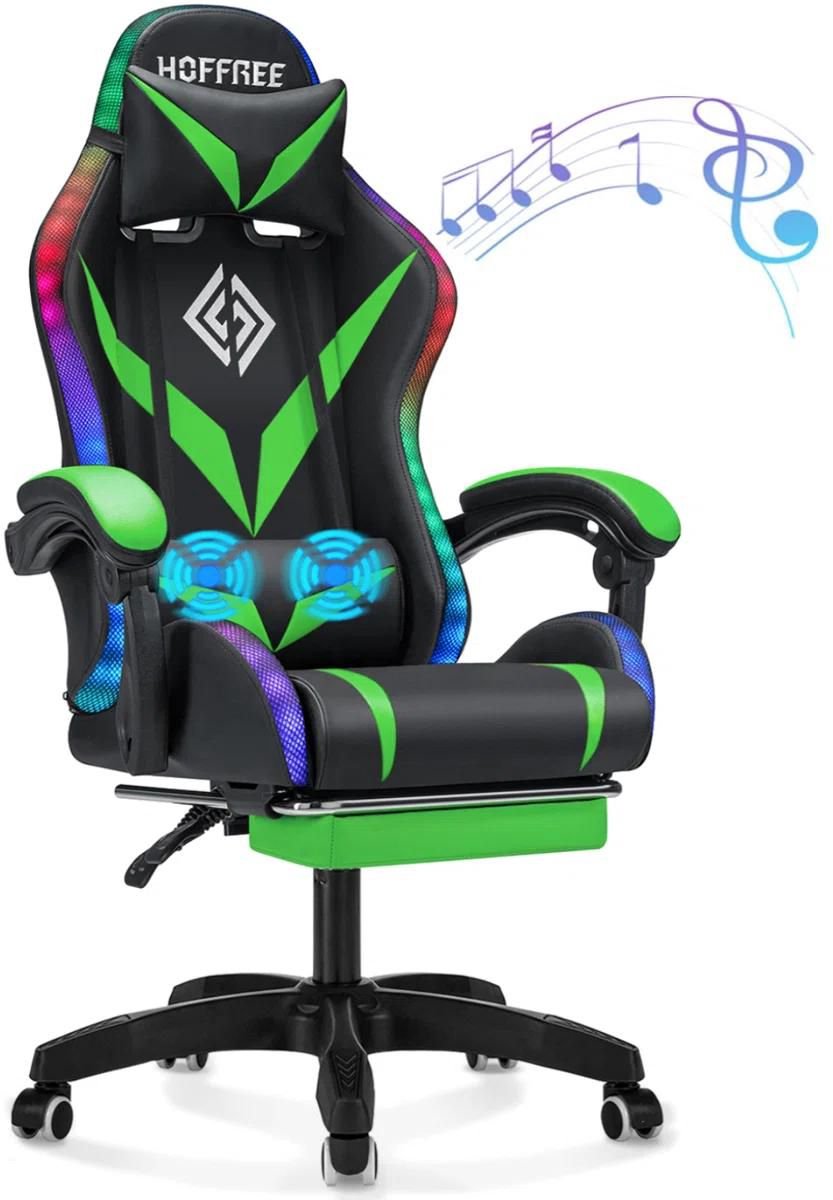 Hoffree Gaming Stoel met RGB-verlichting, Bluetooth Speakers, Massagefunctie en Voetsteun – Ergonomische Bureaustoel Verstelbaar 90°-135° – Groen/Zwart – Belastbaar tot 160 kg