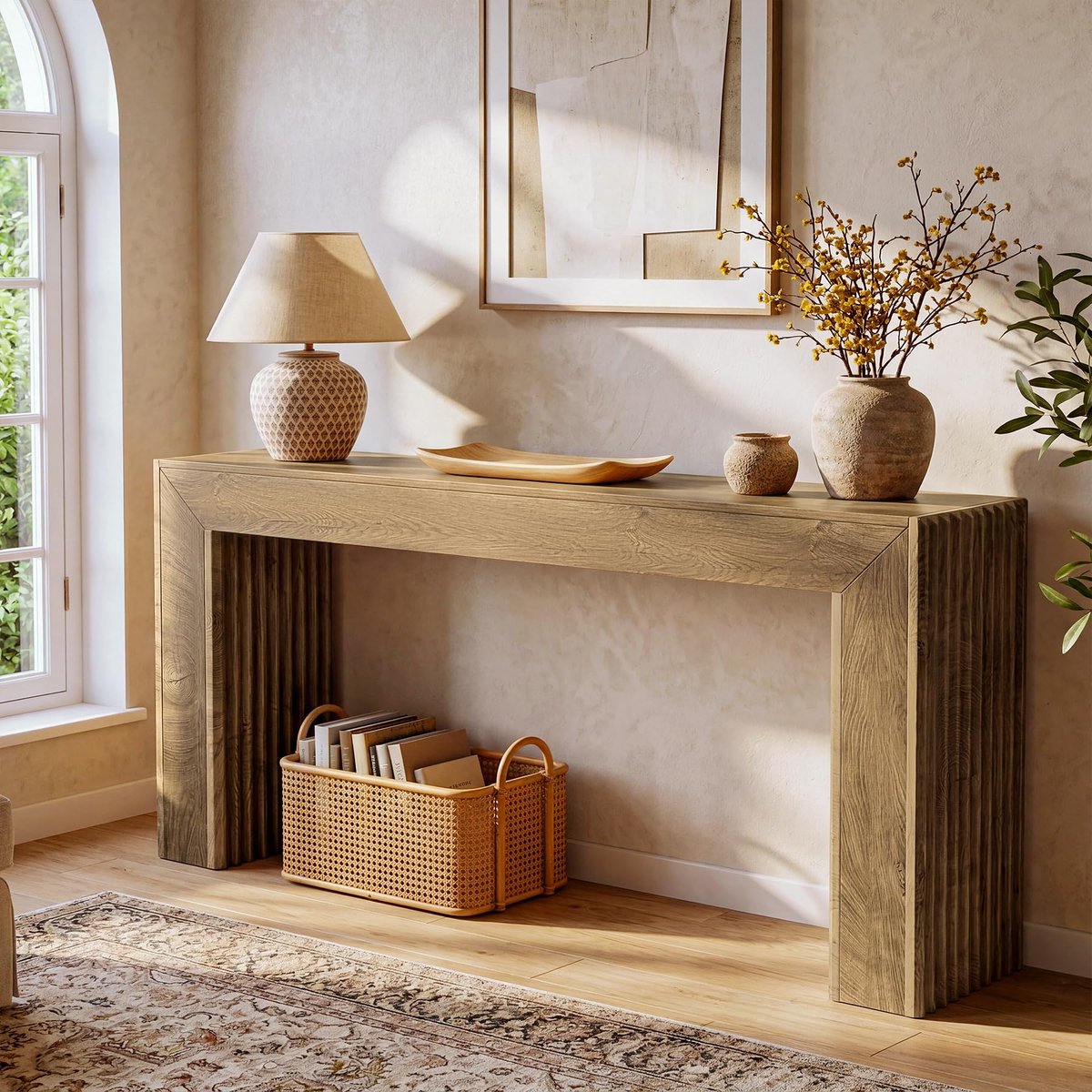 Little Trees Bruine Bijzettafel - 160 x 30 x 85 cm - Geribd Bovenblad-Romeinse Kolompoten-Landhuis Stijl-Voor Hal Woonkamer