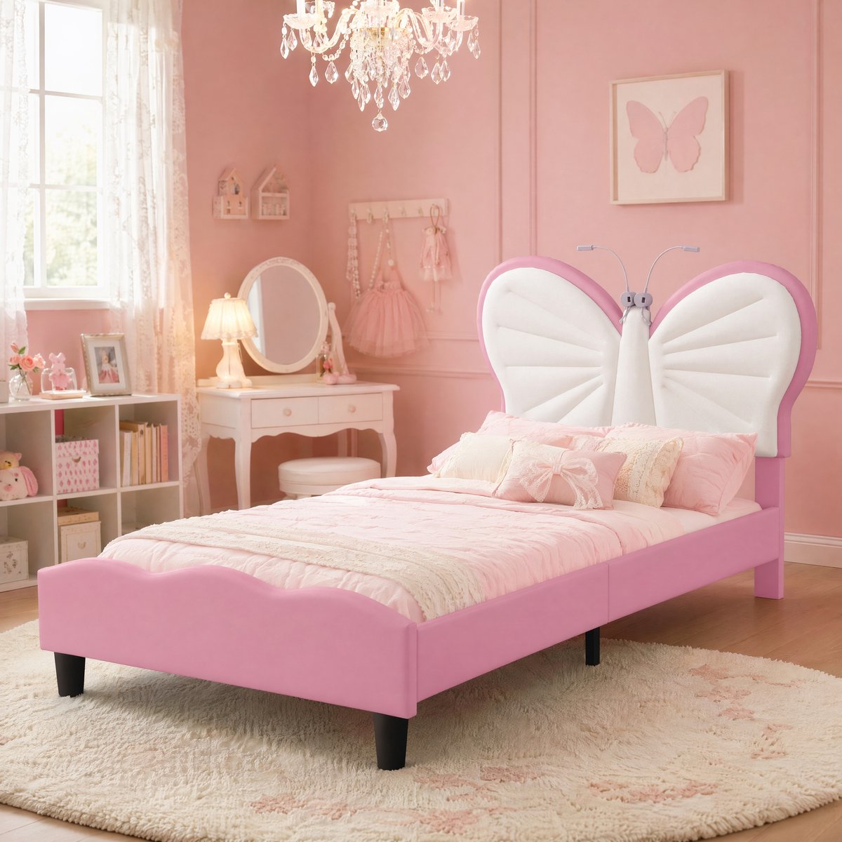 KINDERBED 90x200cm Vlinder hoofdbord roze-wit met leeslamp, verstelbare hoofdhoogte en lat