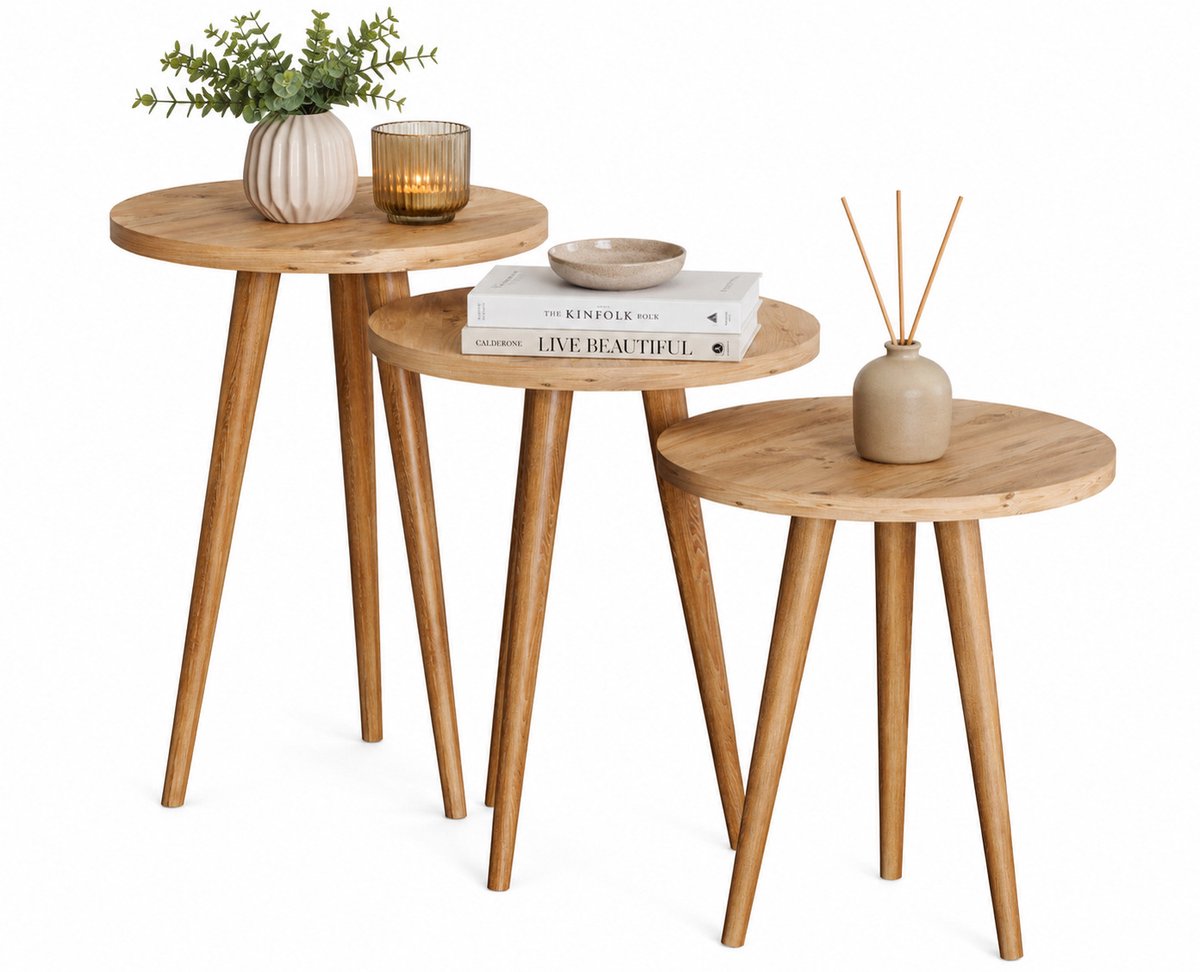 Vcm 3-tlg. Beistelltisch Set, Runde Satztische mit Holzfüßen, Ø 34 cm, Wohnzimmertische im Retro-Design - Barilo Honig-Eiche
