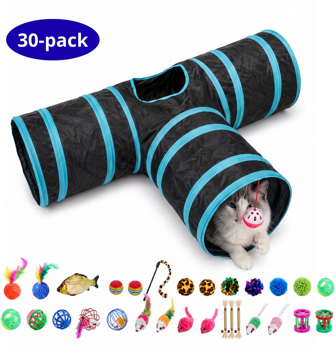 FURTASTIC® Kattentunnel met 30 Kattenspeeltjes – Opvouwbare T-Tunnel – Ø 25 cm – Inclusief Matatabi Kauwstokjes, Vis knuffel met Catnip, Balletjes en Hengel - Kattenspeelgoed