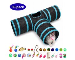 FURTASTIC® Kattentunnel met 30 Kattenspeeltjes – Opvouwbare T-Tunnel – Ø 25 cm – Inclusief Matatabi Kauwstokjes, Vis knuffel met Catnip, Balletjes en Hengel - Kattenspeelgoed