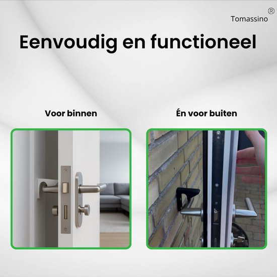 Eenvoudig en functioneel: de deurklinkhouder voor binnen en buiten. Toont installatie aan de binnenkant van een deur en de buitenkant van een deur.