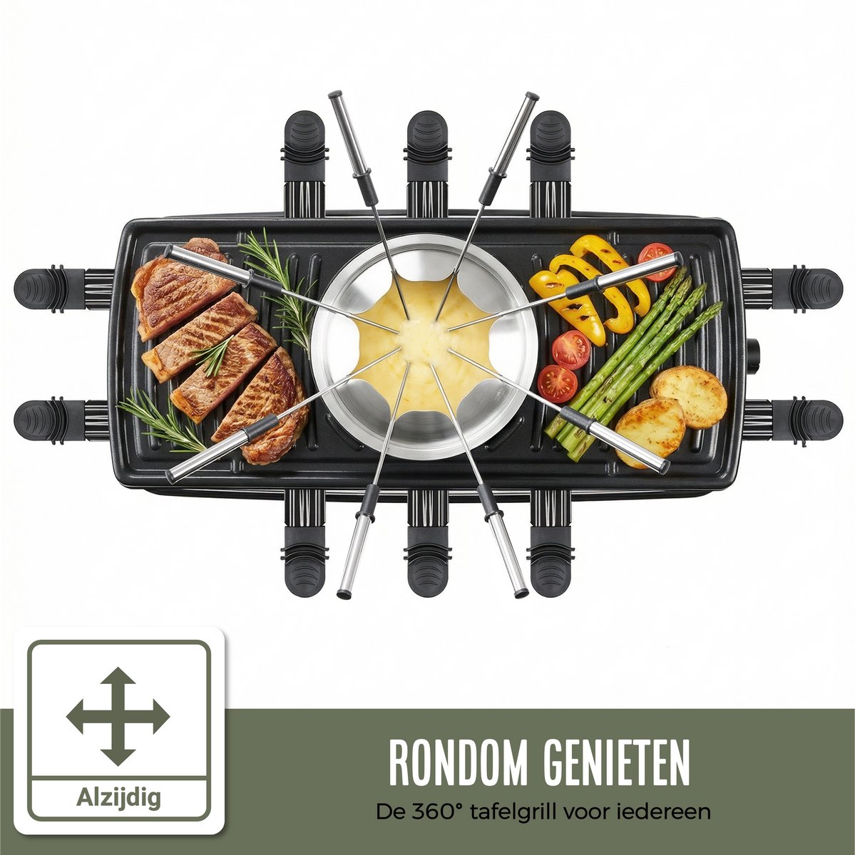 Coock Gourmetstel en Fondue Set 2-in-1 - Raclette voor 8-10 Personen - Inclusief 8 Fonduevorkjes & 10 Pannetjes - 1500W - XL Bakplaat - RVS – foto 3