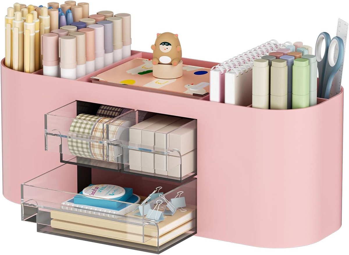 Roze Bureau Organizer met 3 Laden en 7 Vakken – Pennenhouder, Bureauopruimer en Opbergbox voor Schoolspullen, Make-up en Kantoorbenodigdheden