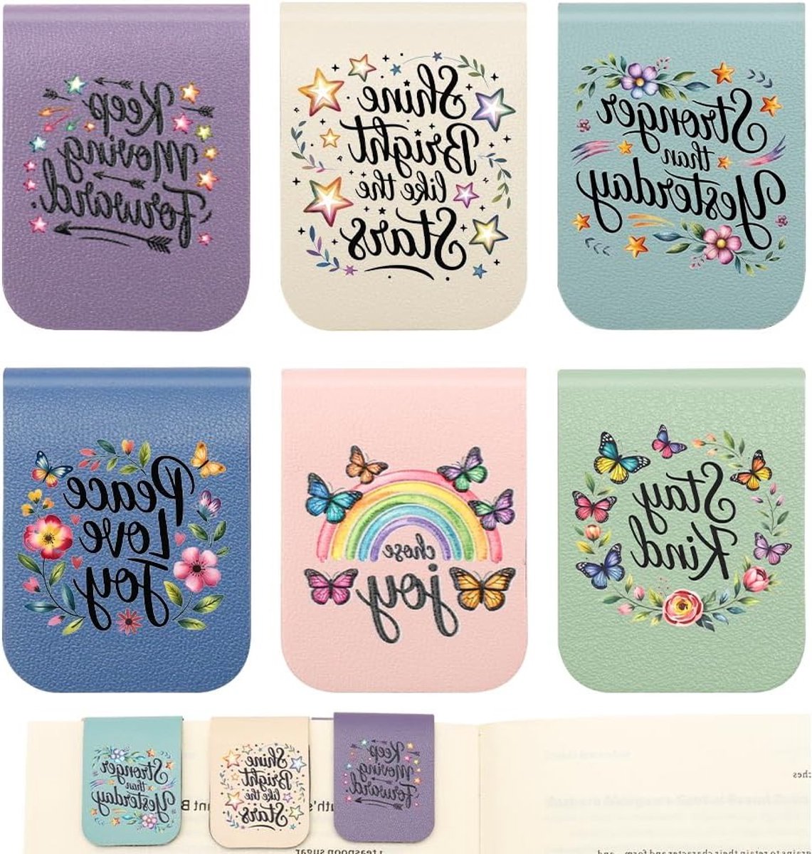 Set van 6 Magnetische Boekenleggers met Inspirerende Ontwerpen van PU Leer, Persoonlijke Boekenleggers, Perfect Cadeau voor Lezers en Boekenliefhebbers