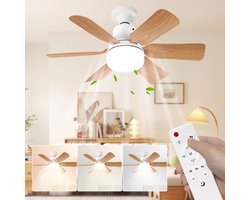 Plafondventilator met geïntegreerde verlichting, afstandsbediening, 51 cm, slaapkamerkroonluchter, houtnerfafwerking, drie snelheden, traploze helderheids- en kleurtemperatuurregeling voor slaapkamers, balkons, gangen en woonkamers [Energieklasse A]