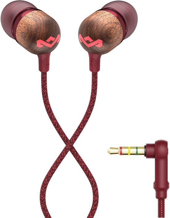 Dieprode oordopjes met houten details, rode gevlochten kabel en 3,5 mm aansluiting.