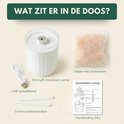 Inhoud van de doos: Boncy zoutsteen lamp, USB oplaadkabel, 2 extra wattenstaafjes, zakje met zoutstenen en handleiding.