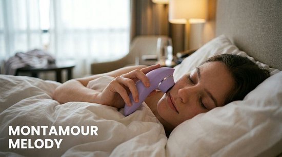 Een vrouw ligt in bed met een lila Montamour Melody vibrator in haar hand.