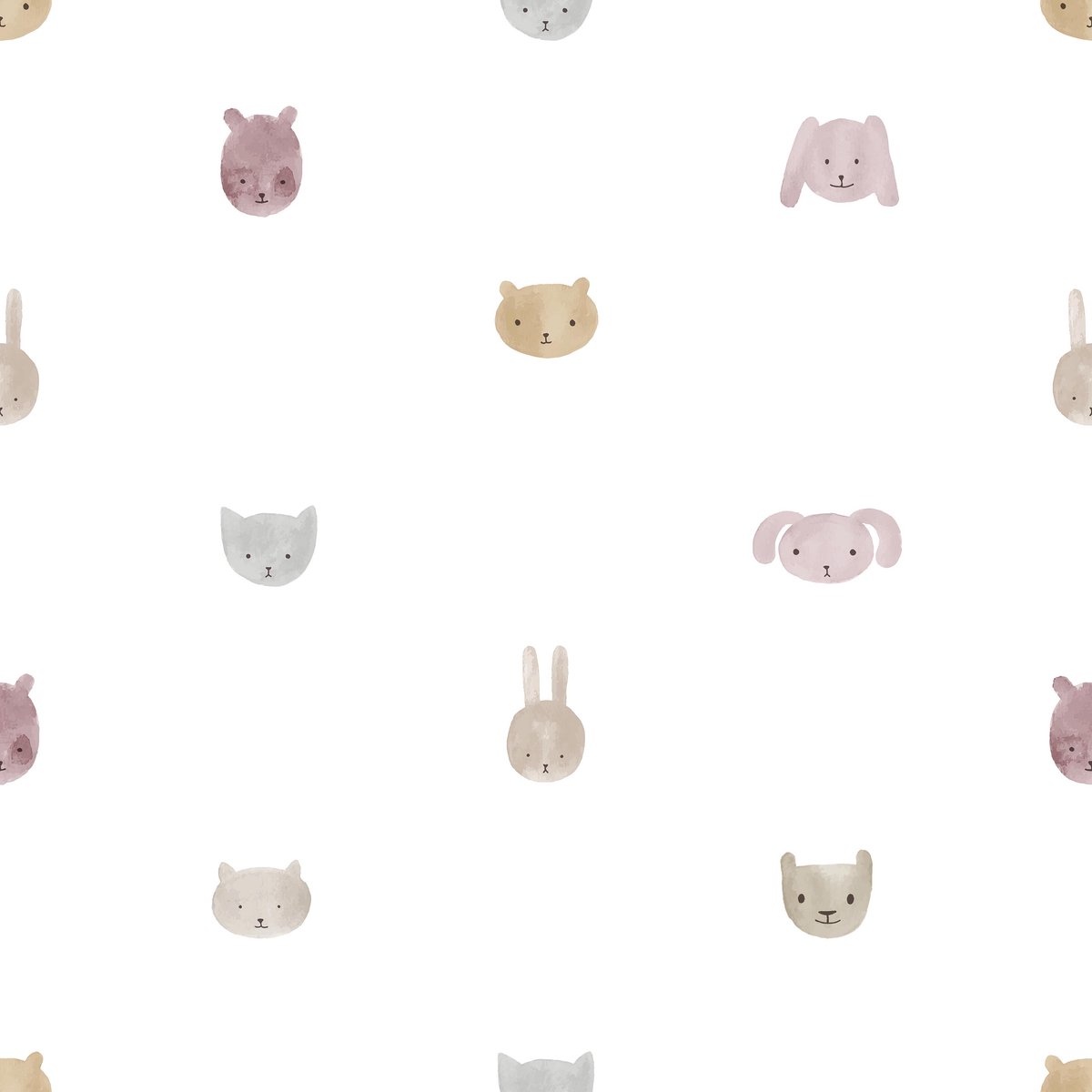 Behang - Dieren - Aquarel - Babykamer Meisje - Wit Roze - Kinderkamer - Dierenhoofdjes - Beer Kat Konijn - 0,53 x 10,05 M - Happy