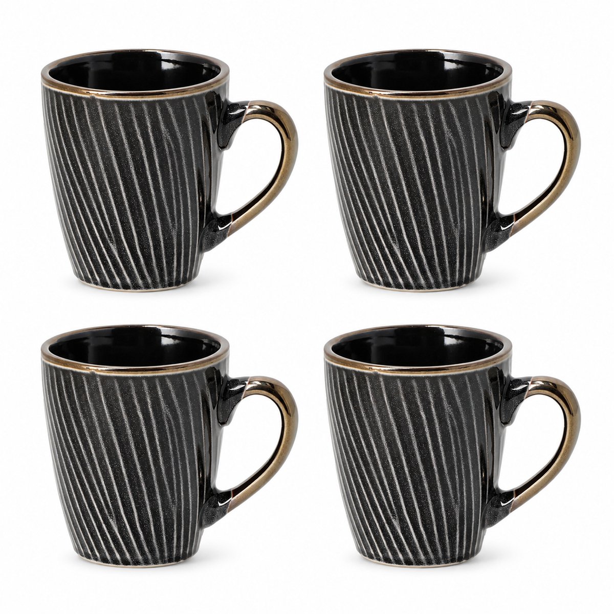 Koffiemokken Set van 4 – Keramische Mokken met Oor 200 ml – Zwart Goud – Servies voor Koffie, Cappuccino, Espresso en Thee