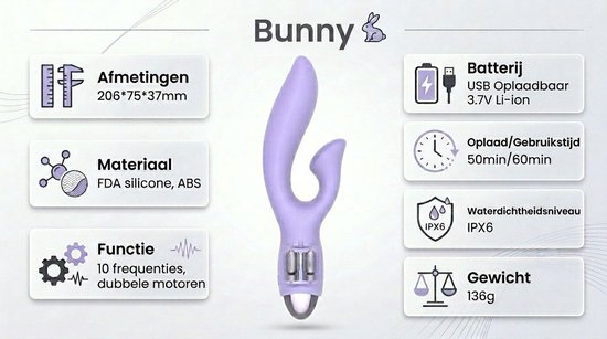 Paarse vibrator met informatie over afmetingen, materiaal, functie, batterij, oplaadtijd, waterdichtheid en gewicht.