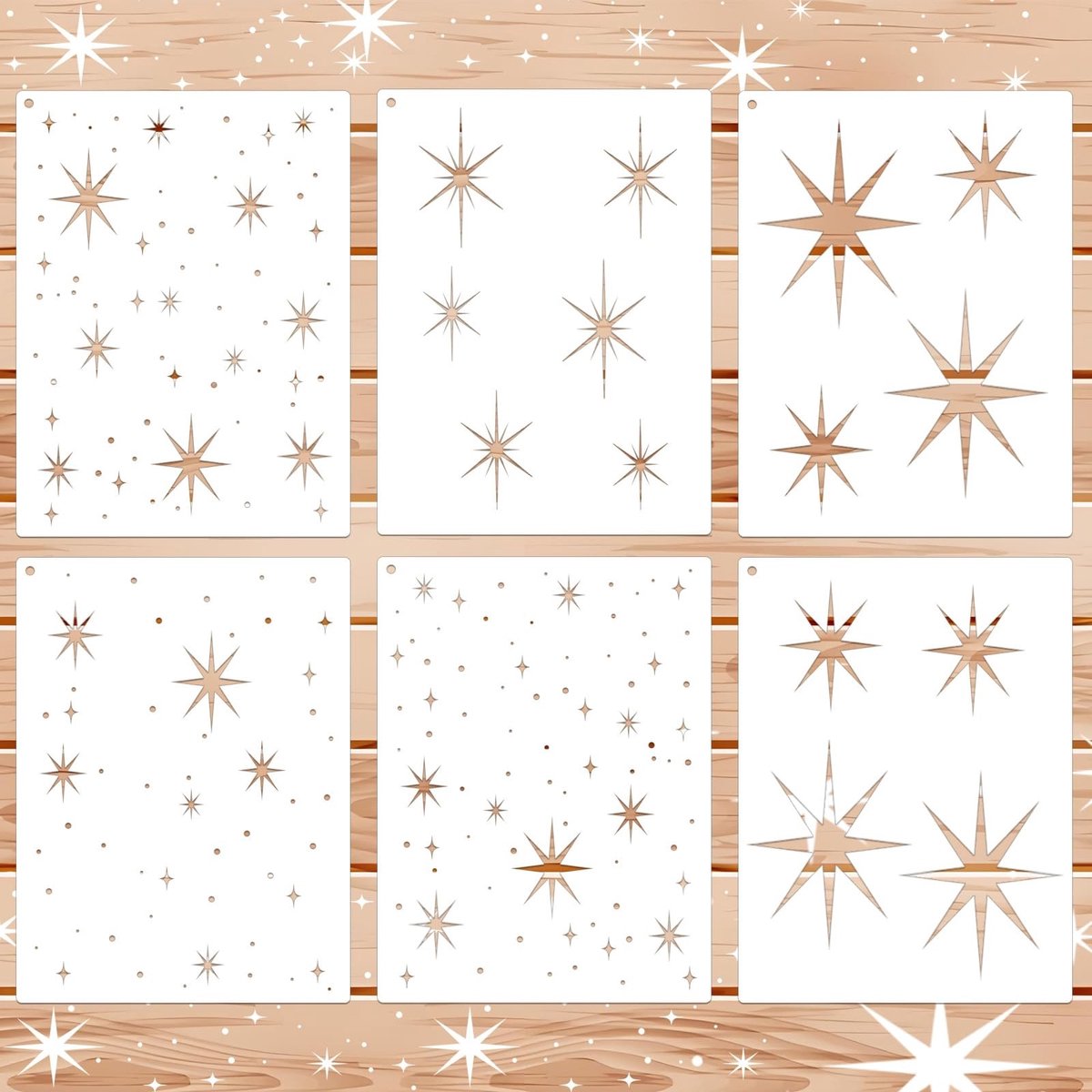Dailygoods- Sterstencil Set van 6 - Herbruikbare Sjablonen - Schilderen op Hout/Stof - Creatieve Wanddecoratie - Twinkle Sterrenpatronen - Geschikt voor Feesten - Schilderstencil