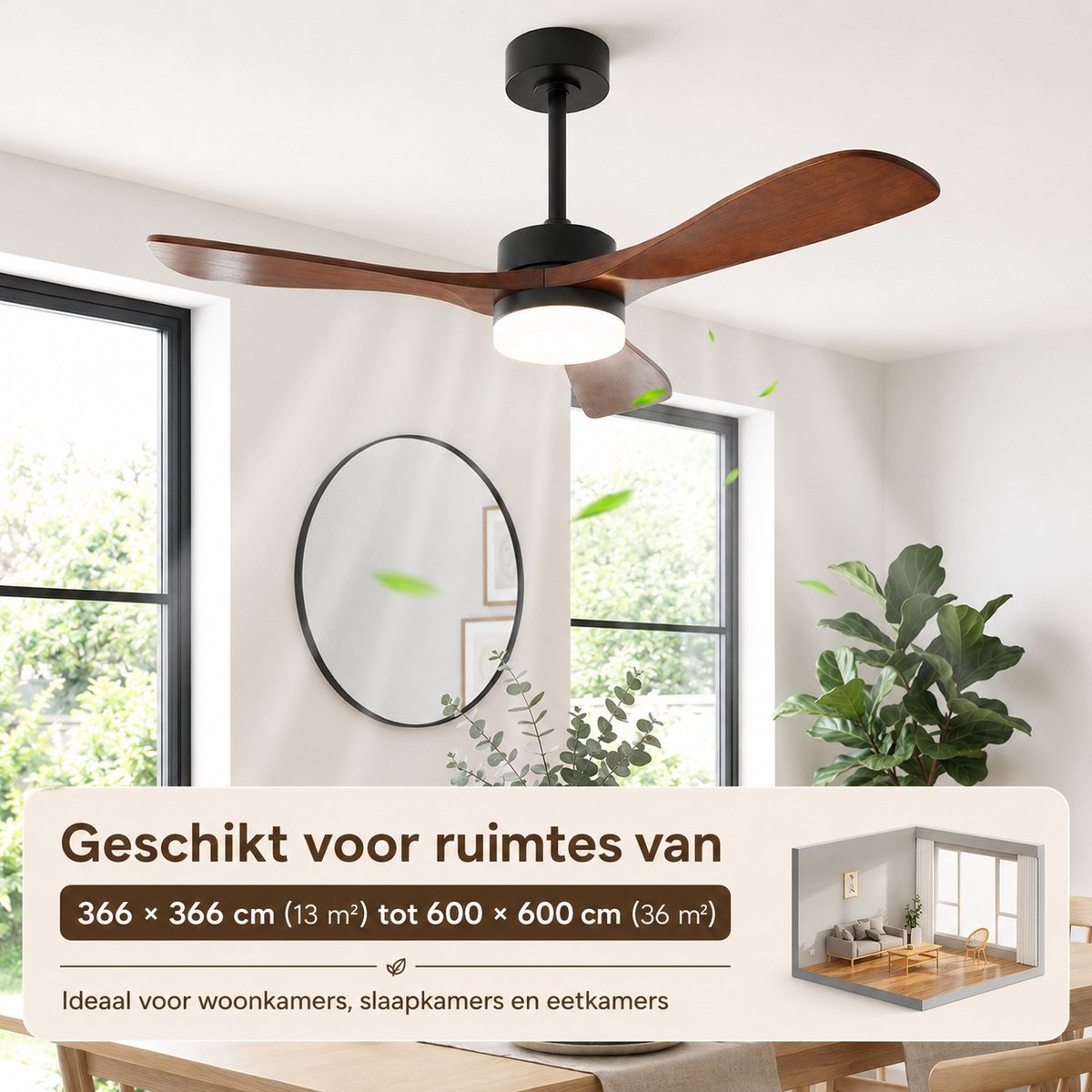 Rosnek Plafondventilator met Lamp - Ventilator Plafond met Massief Houten Bladen - LED Plafondlamp Dimbaar - Afstandsbediening & App - 6 Snelheden - Stille DC Motor - Ø106cm thumbnail 6