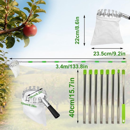Fruitplukker Telescoopsteel - Appelplukker Kersenplukker - Fruit Oogsten - Uittrekbaar tot 32 meter - 16 cm diameter - Zilver — afbeelding 5