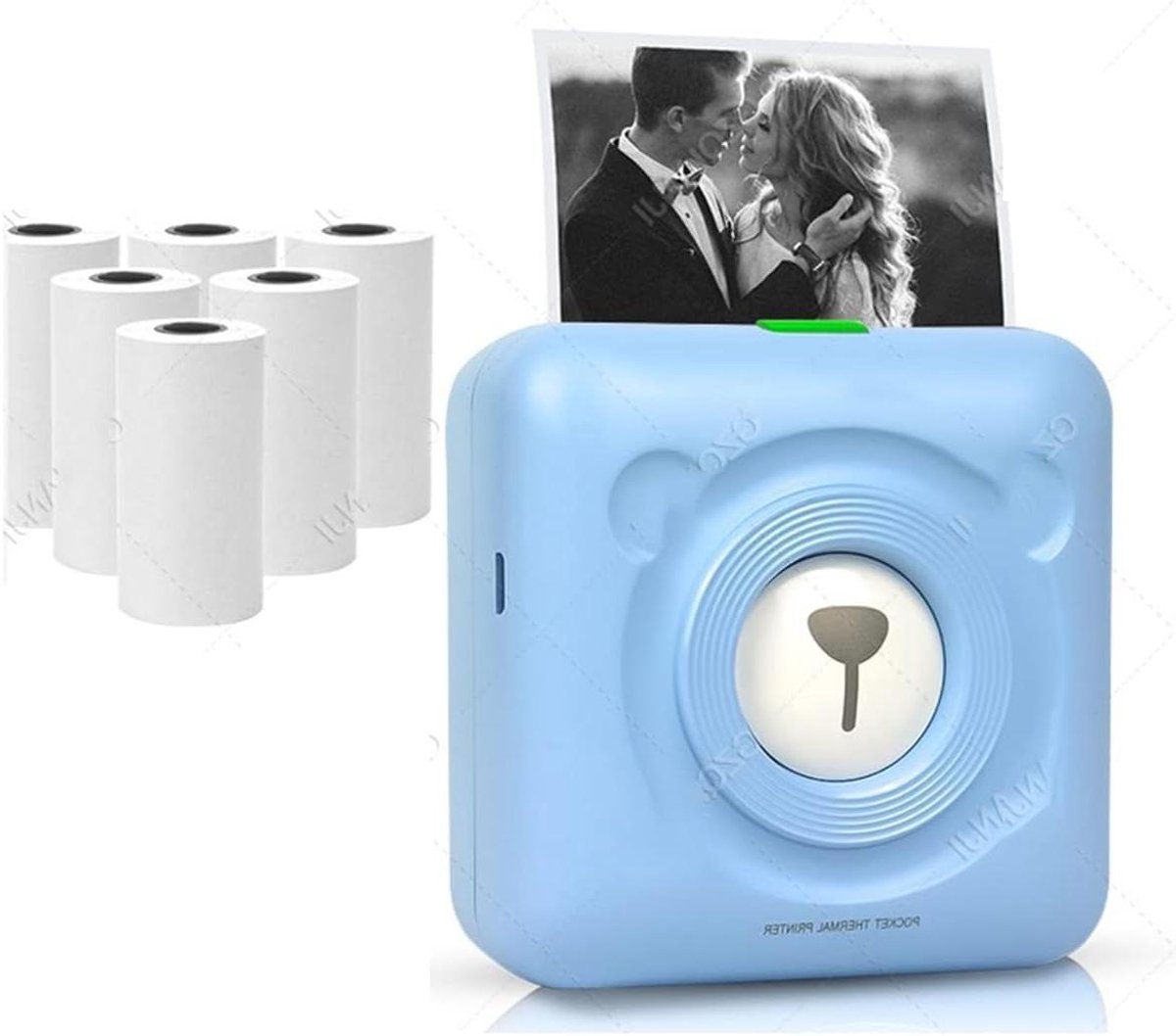 Thermische bonprinter, Mini Pocket Printers Bluetooth Fotoprinter(Blue Printer add 6White)