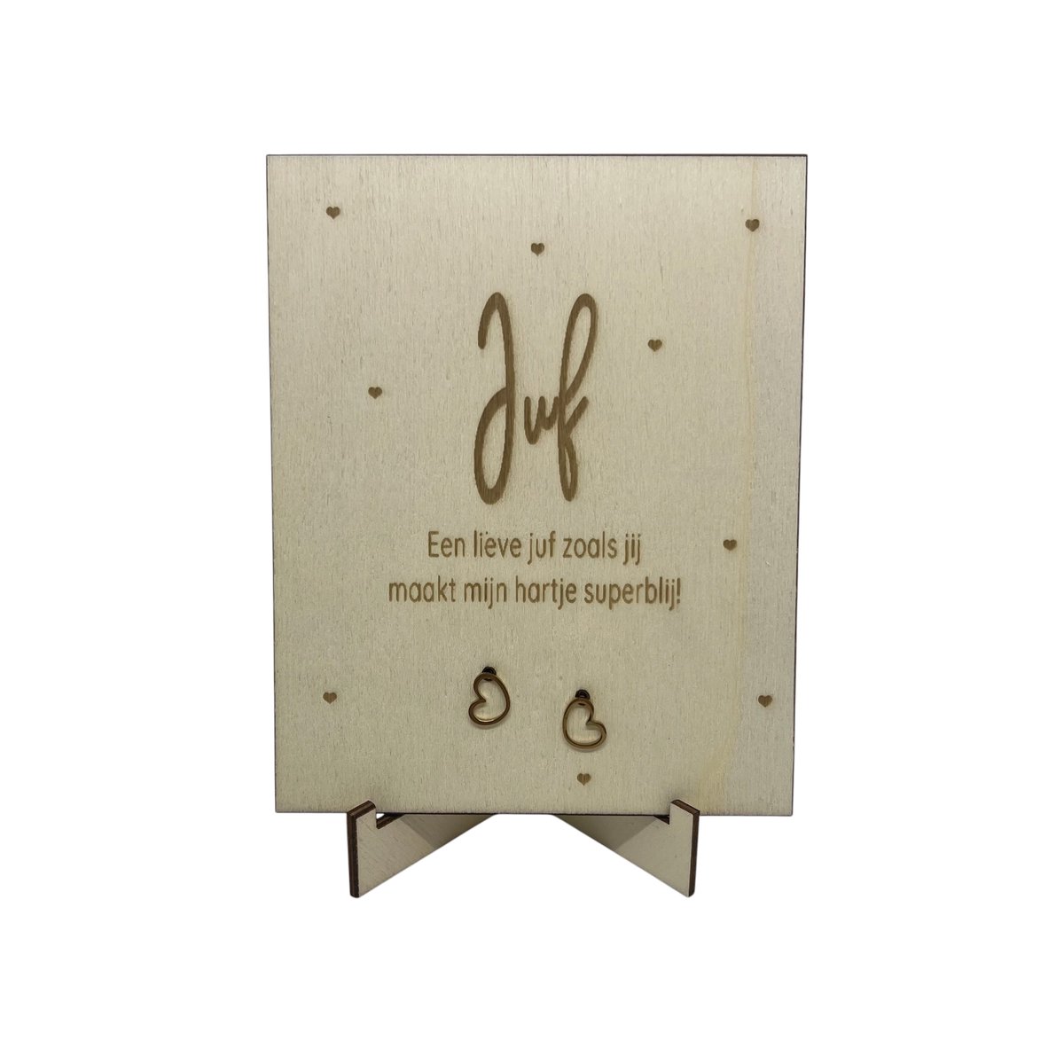 Oorbellen en houten kaartje JUF | open hartje | lieve juf | jij bent de liefste | liefste juf | topjuf | einde schooljaar | cadeau