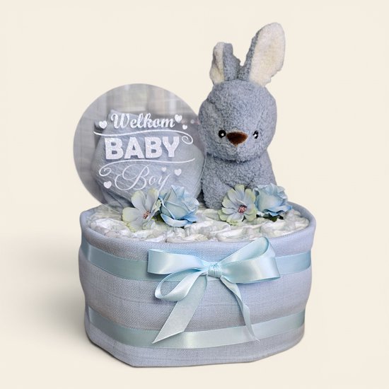 Luiertaart 1 laags blauw - Welkom Baby Boy met konijnen knuffel van Luiertaart — afbeelding 2