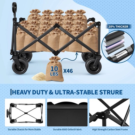 Bolderkar opvouwbaar - Camping trolley - Wagen Draagbare - Outdoor aanhangwagen - Grote Capaciteit - Picknick en Bbq - Bolderwagen met Duwstang - Wagen Strandkar - handkar op wieltjes - Zwart van Bolderkar Opvouwbaar — afbeelding 3