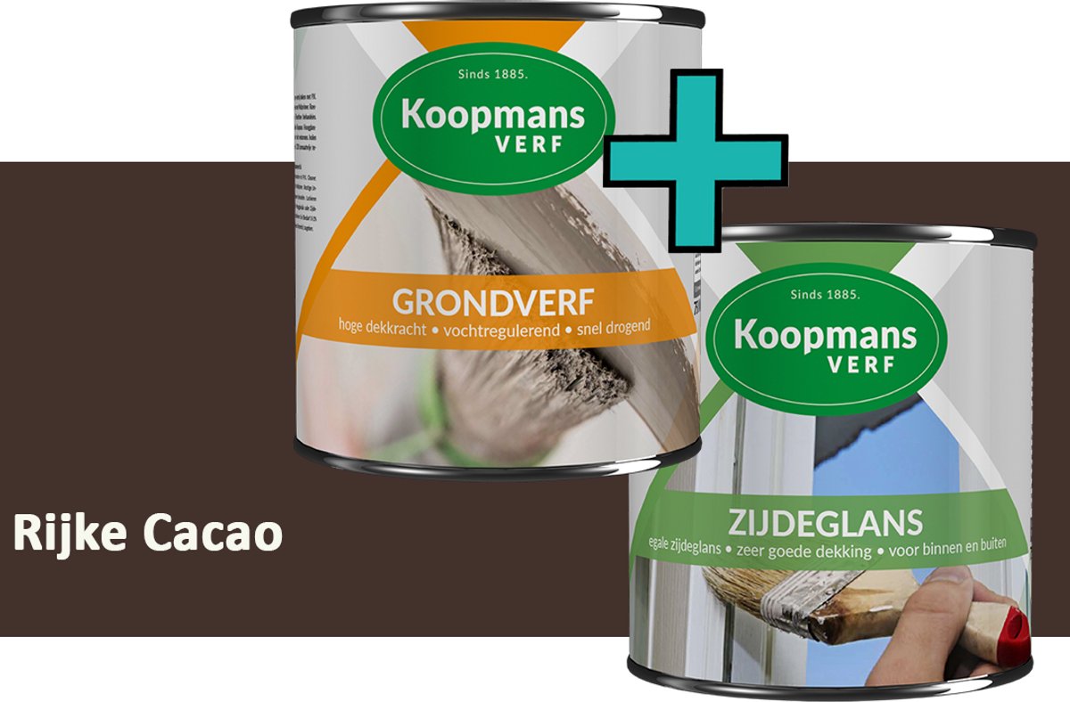 Koopmans Grondverf en Zijdeglans Lakverf - set geschikt voor hout en metaal – Rijke Cacao – 2x – 2,5 l