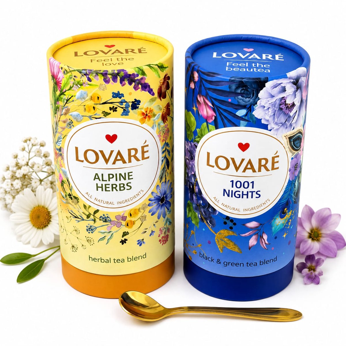 Lovaré Thee Cadeauset – 1001 Nights & Alpine Herbs – 2 Luxe Theeblikken + Gouden Theelepel – Geschenkset Thee – Cadeau voor Theeliefhebbers