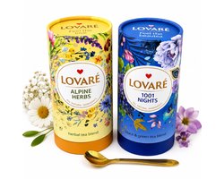 Lovaré Thee Cadeauset – 1001 Nights & Alpine Herbs – 2 Luxe Theeblikken + Gouden Theelepel – Geschenkset Thee – Cadeau voor Theeliefhebbers