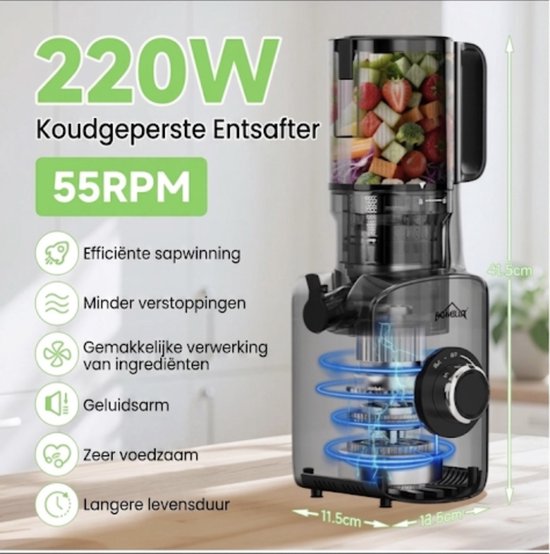 HOMELUX Slow Juicer 220W - 126mm XXL - Vulopening voor hele vruchten - Elektrische koudperssapcentrifpge - INCL 2 bekers en schoonmaakborstel van Homelux — afbeelding 5