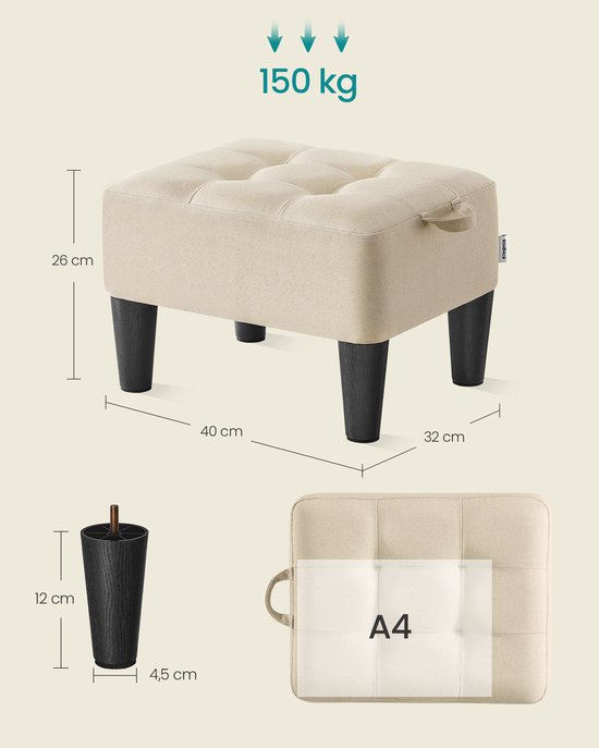Afmetingen poef: 40x32x26 cm. Pootjes: 12x4,5 cm. Belastbaar tot 150 kg.